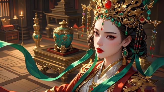 古风仕女华冠映宫灯