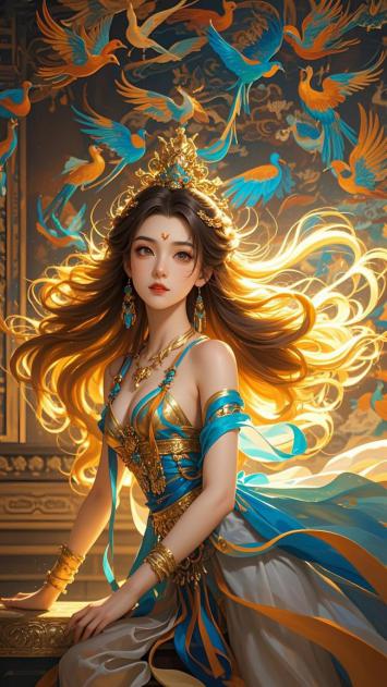 仙侠女神飞鸟环绕光影幻境图
