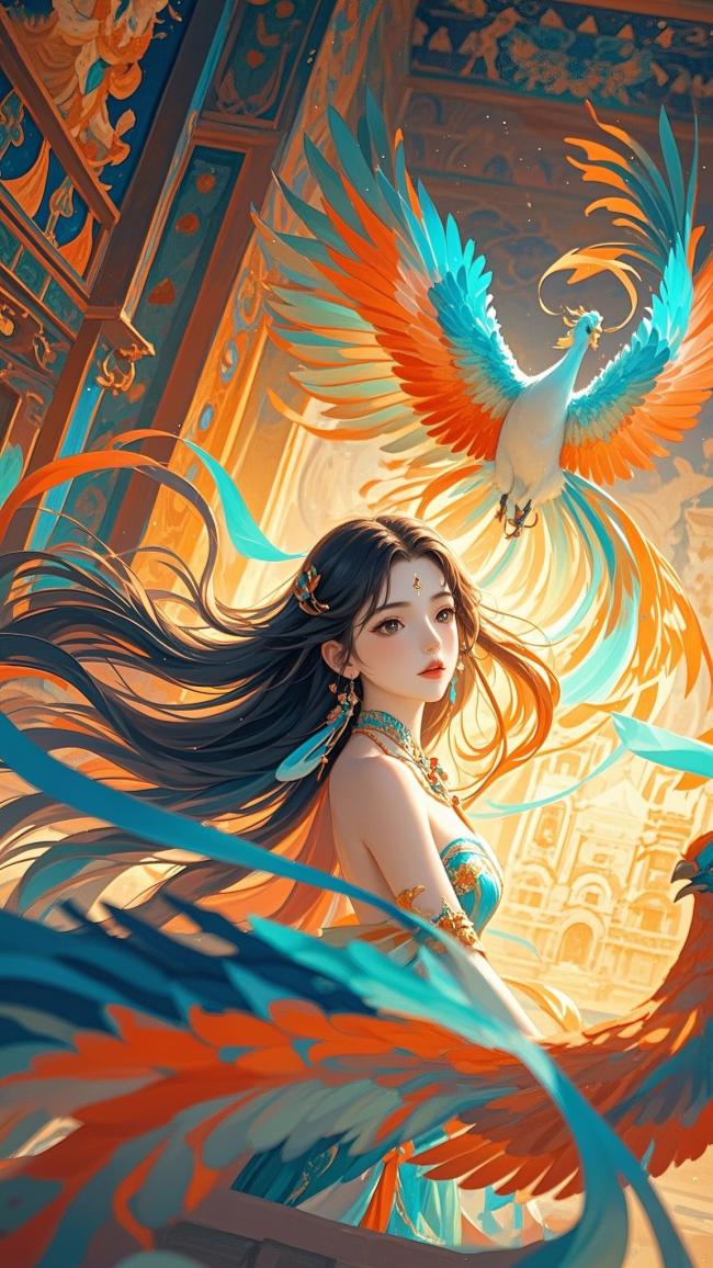 仙侠女神与神鸟共舞的奇幻画卷
