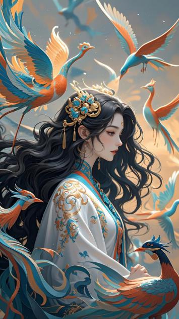 仙鹤绕肩的古风仙女插画