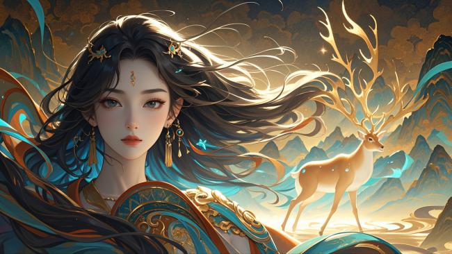 仙侠女神与金鹿共舞山巅奇景