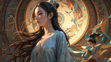 古风仕女汉服写真，敦煌穹顶飞鸟相伴