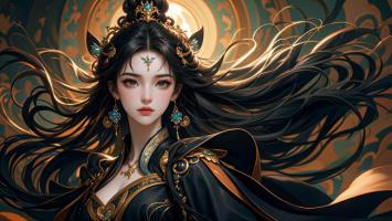 黑金仙姬飘发如瀑，古风玄幻神韵十足