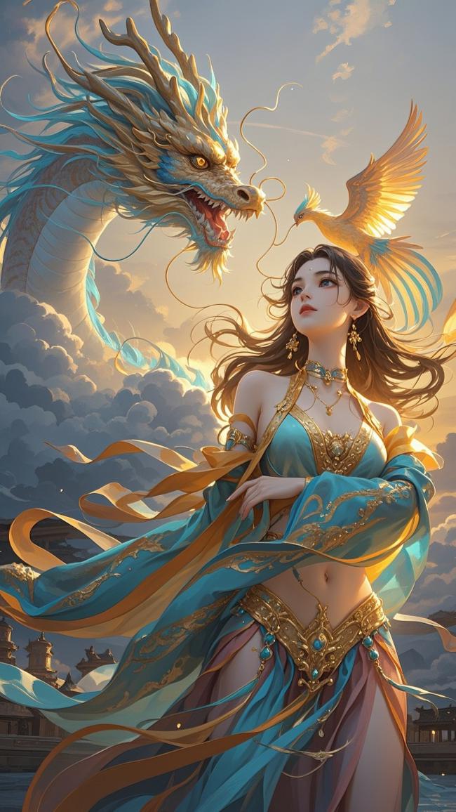 仙侠少女与龙凤共舞云端奇景