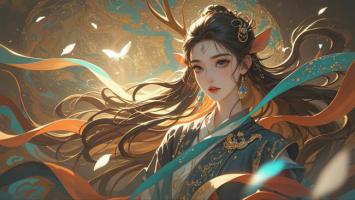 仙侠女神飘带飞舞，蝶影环绕古风画卷