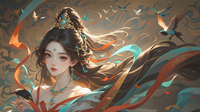 古风仙女持鸟舞绸带，仙气缭绕水墨风