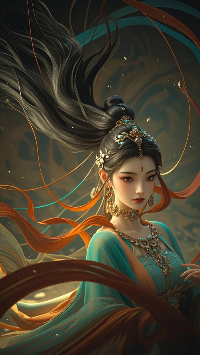 仙侠女神飘纱图：青衣玉饰幻境中