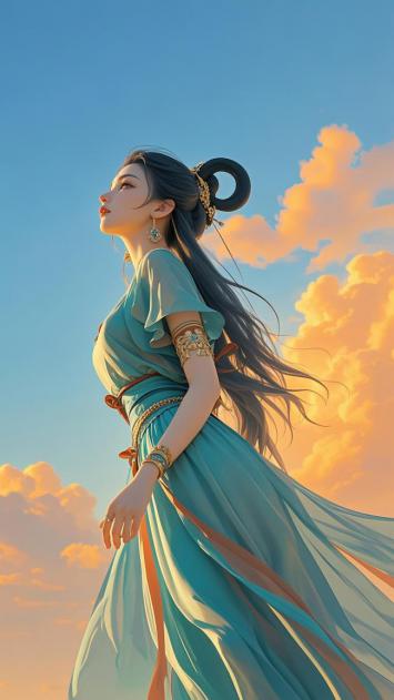 古风仕女迎霞而立，青衣飞舞映晚霞