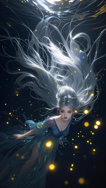 银发仙子水下飞舞，光点环绕如梦境