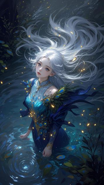 银发仙子立水间，孔雀华服映星辉