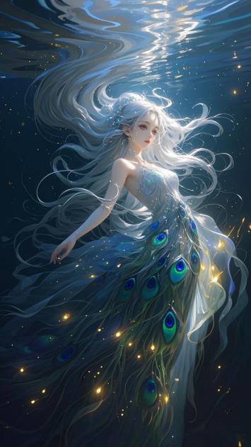 深海孔雀仙子：银发飘逸的奇幻水下美人