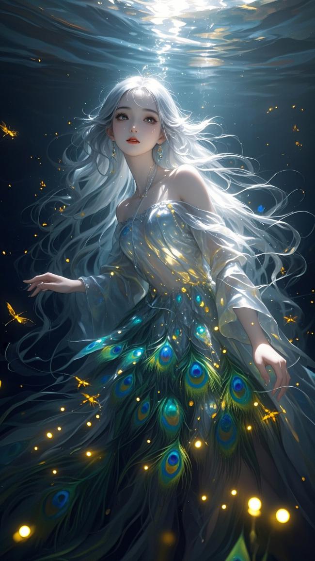 水下孔雀仙子：银发少女梦幻游弋