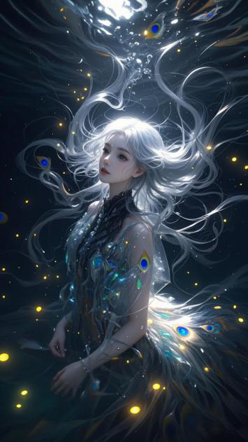 深海银发少女：孔雀羽翼下的梦幻水下世界