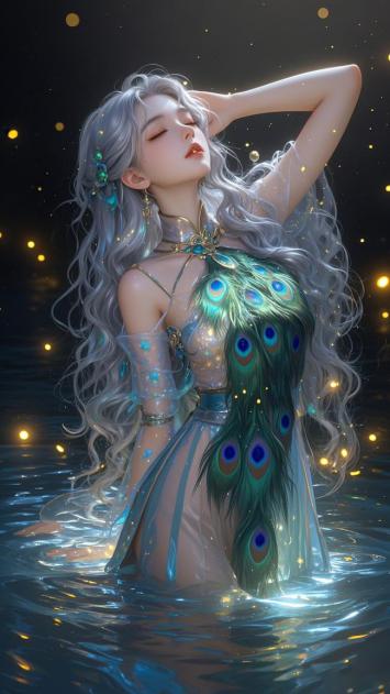 银发孔雀仙子立于星辉水波间