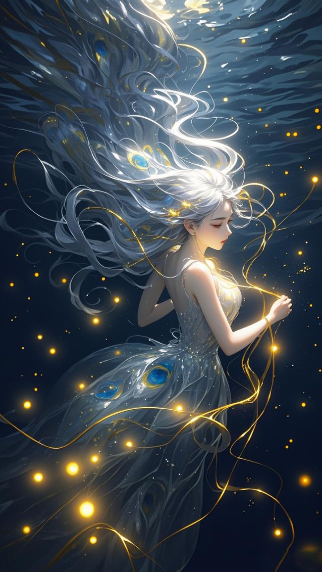 深海孔雀女神：银发与星光共舞的奇幻画卷