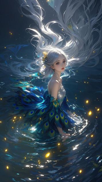 银发孔雀仙子水中起舞，梦幻光影交织