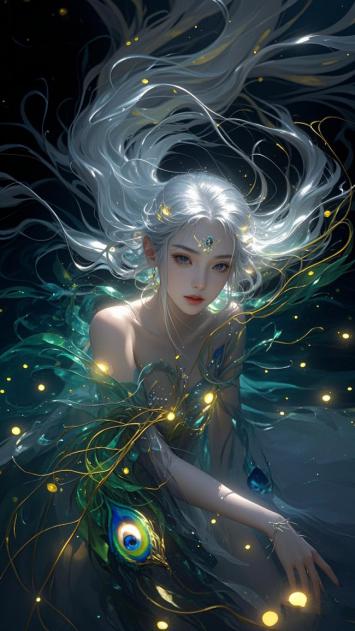 银发孔雀仙子浮游星海，光影交织梦幻绝美