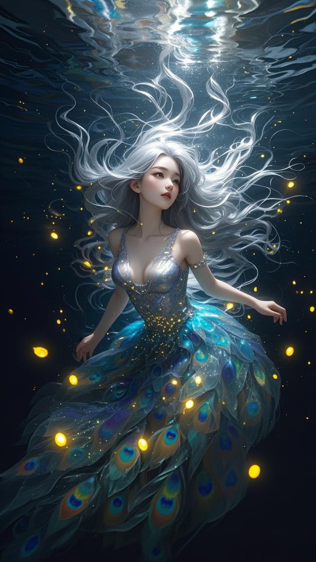 水下银发仙子孔雀裙插画