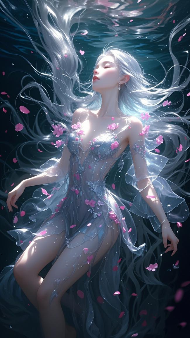 水下樱花仙子：银发少女梦幻浮游图