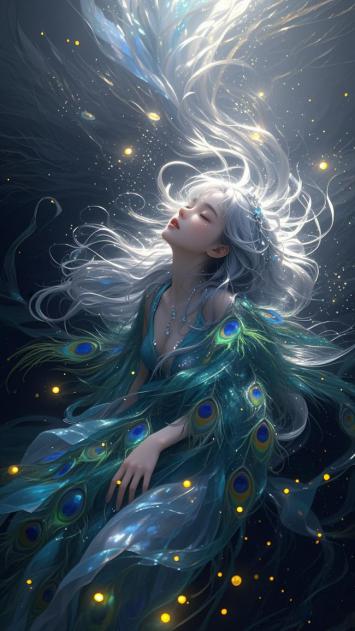 银发孔雀仙子悬浮星海，梦幻写实风插画