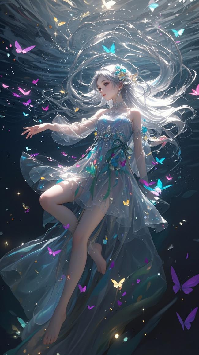 深海蝶舞仙子：银发少女奇幻浮游图