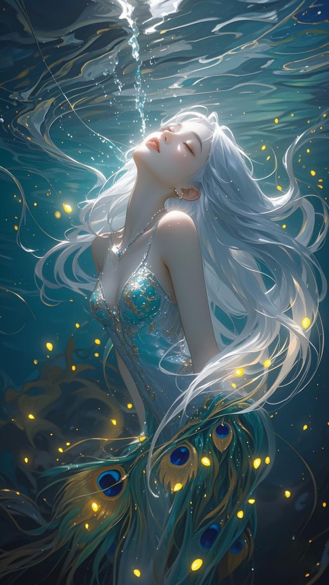 银发美人鱼沉浮深海，孔雀羽裙映光如梦