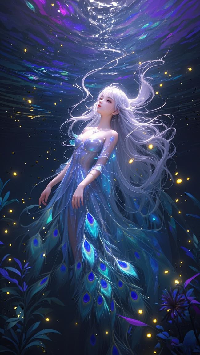 深海孔雀仙子：梦幻水下精灵插画