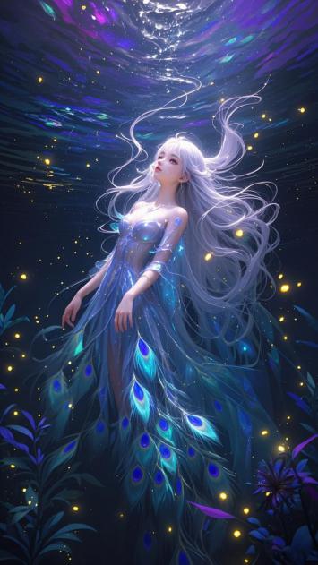 深海孔雀仙子：梦幻水下精灵插画