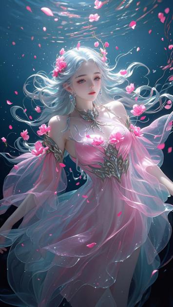水下仙子飘落樱花，银发粉裙梦幻如诗