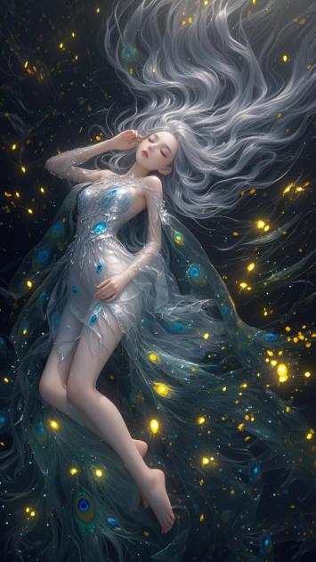 银发仙子浮空沉眠，孔雀羽衣映星尘