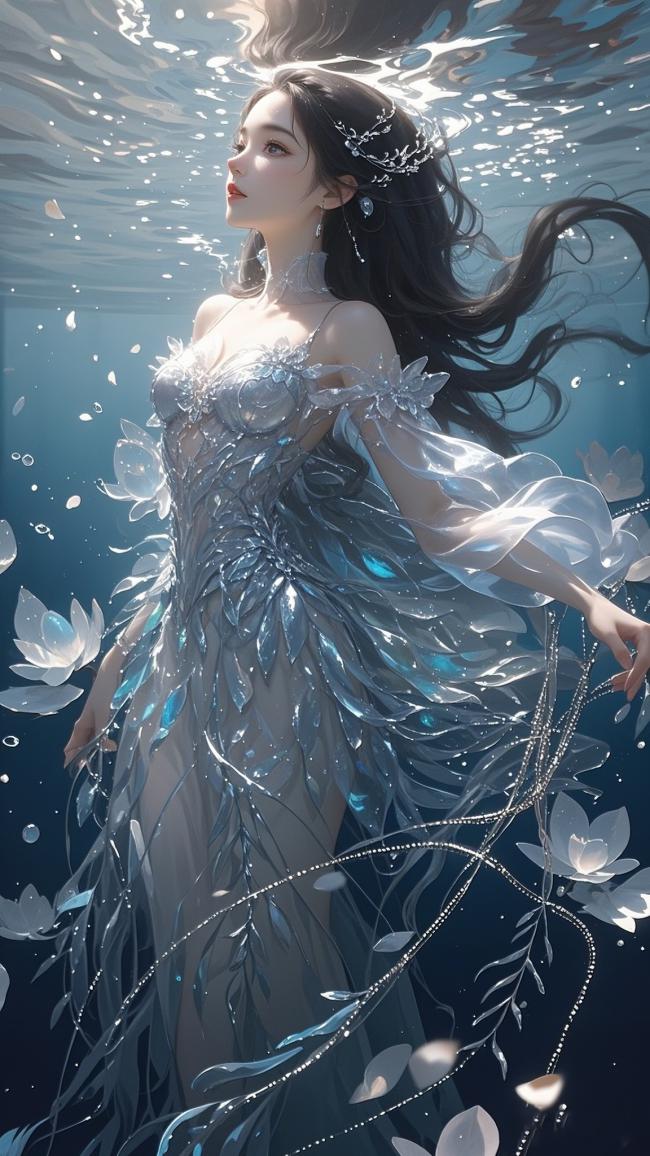 水下仙子冰裙飘逸，莲花环绕梦幻仙境