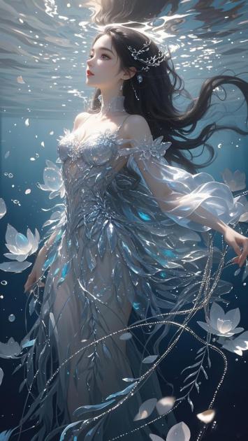 水下仙子冰裙飘逸，莲花环绕梦幻仙境