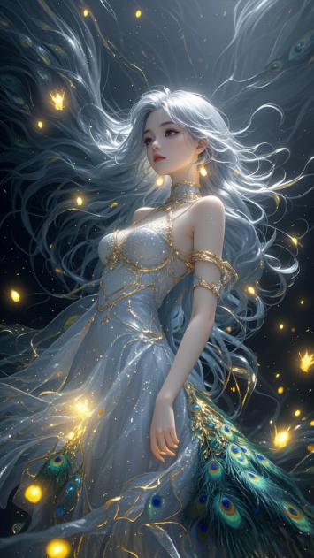银发仙子孔雀羽裙星辉漫舞