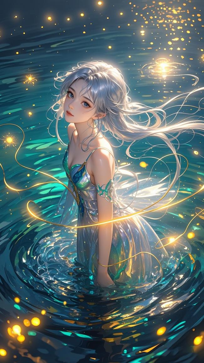 银发仙子水中舞，光点环绕如梦境