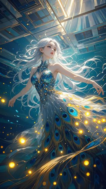 银发孔雀女神悬浮于未来穹顶之下