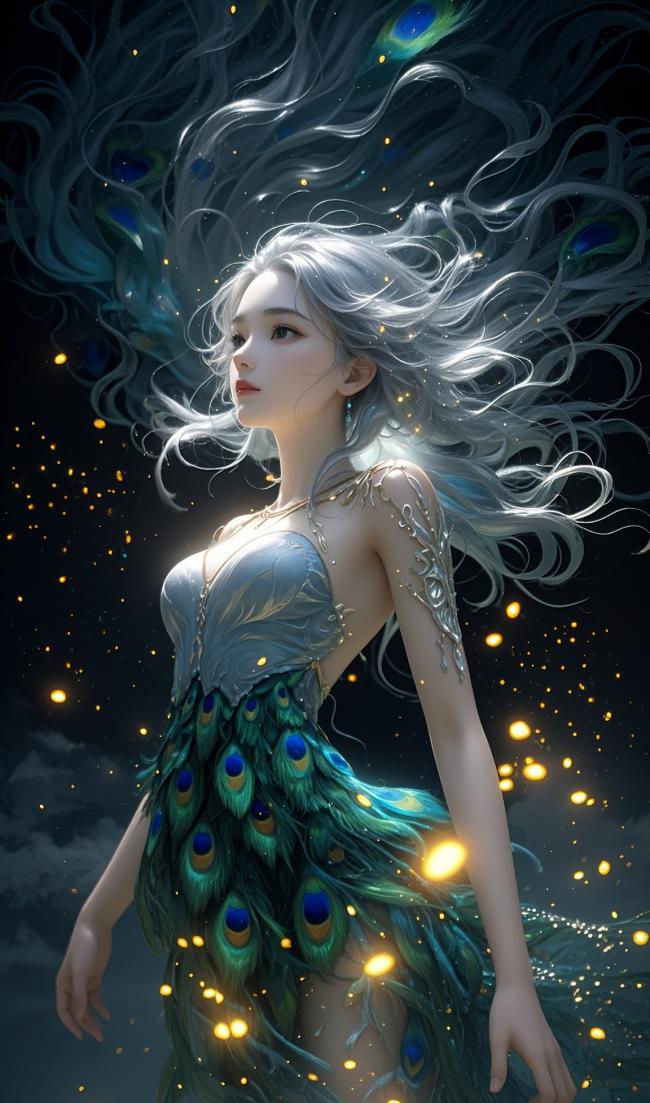 银发孔雀仙子夜空舞光图