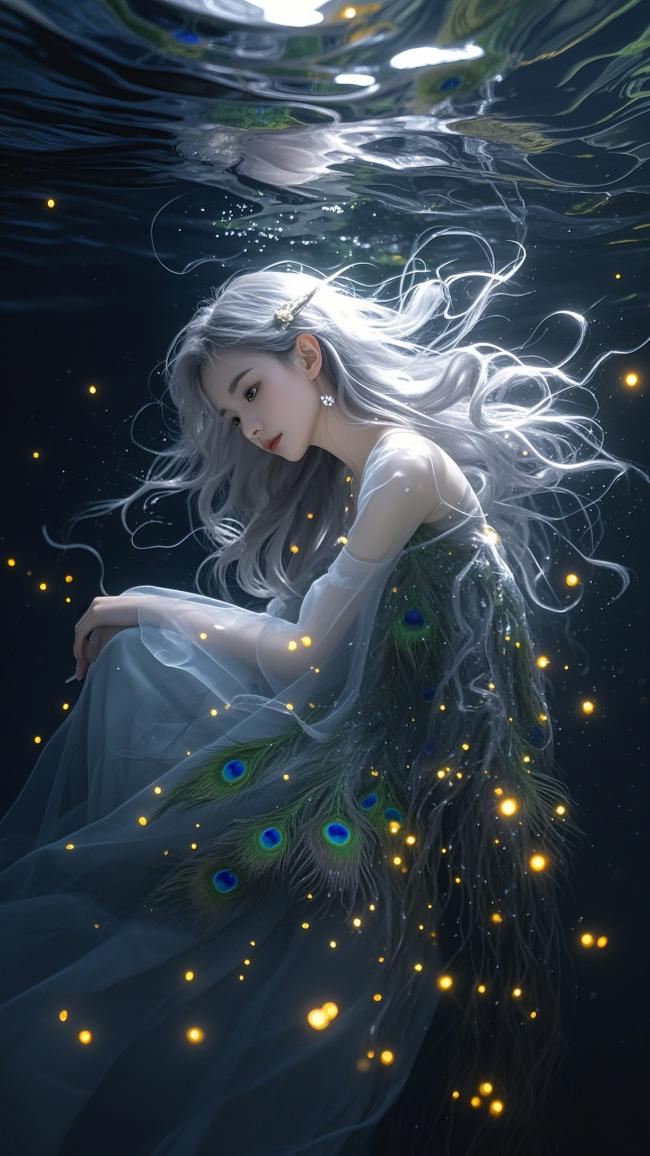 一位银发飘逸的少女身着轻盈透明长裙，裙摆融入孔雀羽毛元素，于深海中优雅漂浮。水面