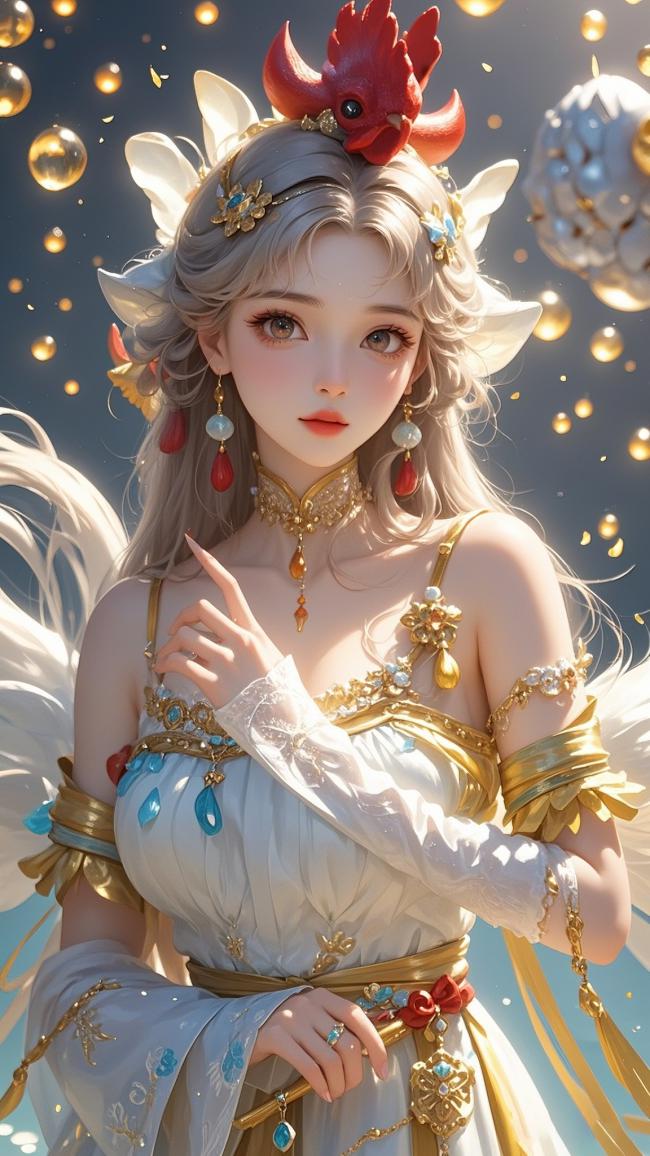 仙侠少女新国潮插画，神鸟头饰闪耀星空