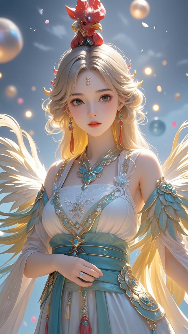 仙侠女神羽翼翩跹，红冠神鸟点睛