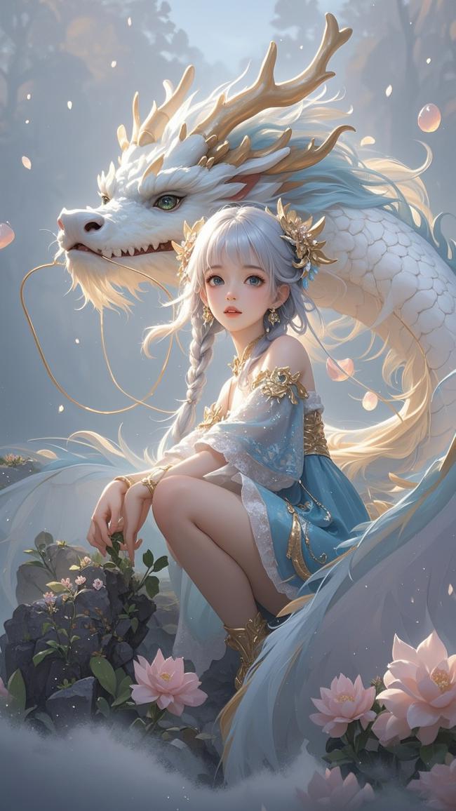 银发少女与白龙共舞云端花海