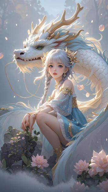 银发少女与白龙共舞云端花海