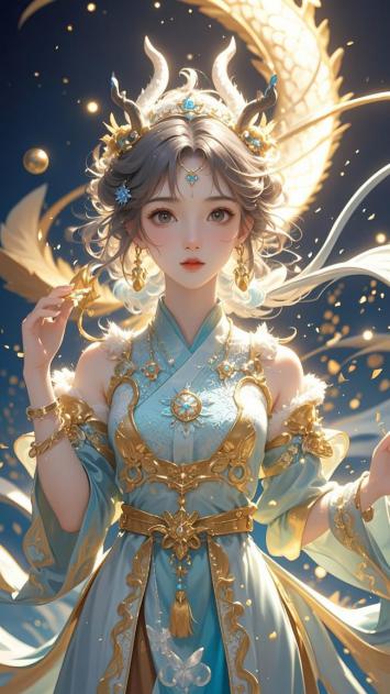 仙侠女神持法器立于星云间