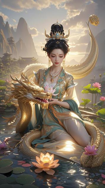 仙妃抱金龙坐荷塘·写实神话场景