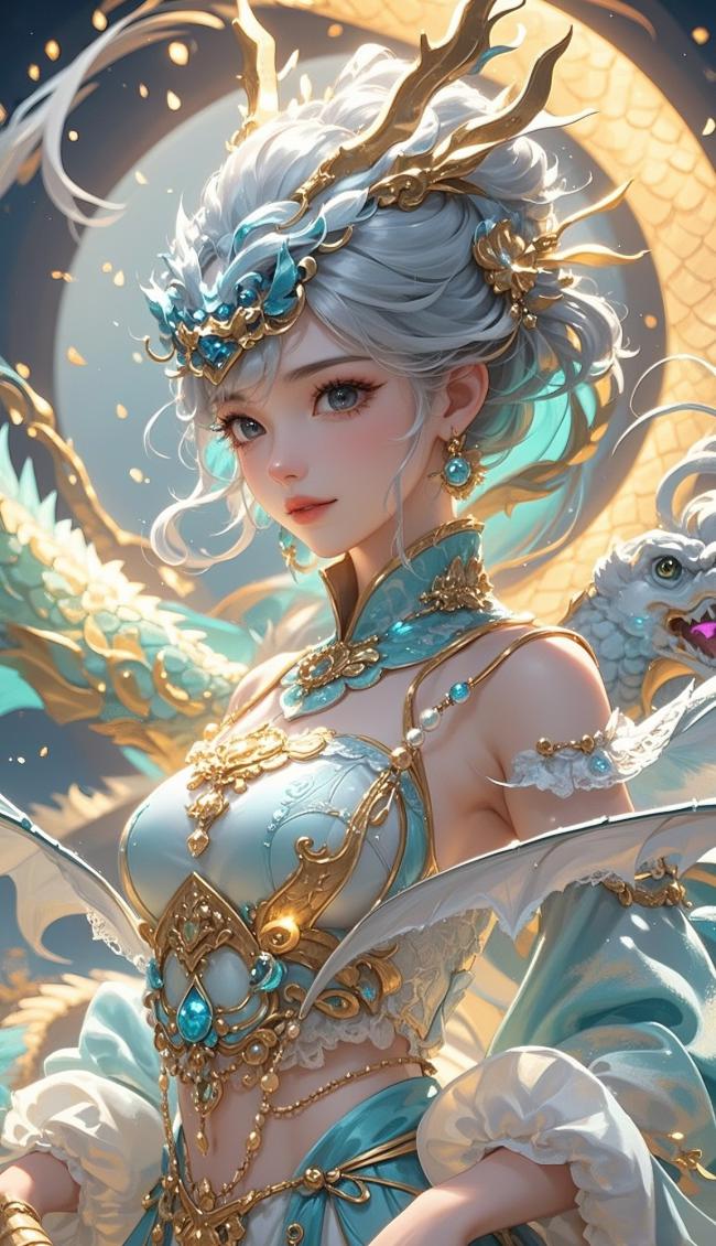 银发龙女仙侠立绘，蓝金华服映月辉