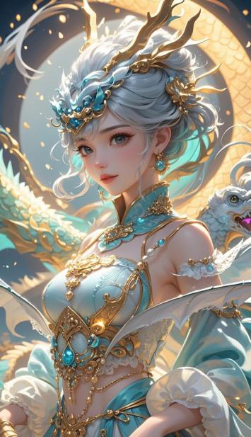 银发龙女仙侠立绘，蓝金华服映月辉