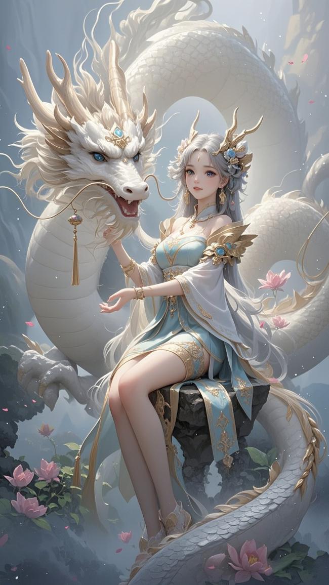 仙侠少女与白龙共舞云端仙境