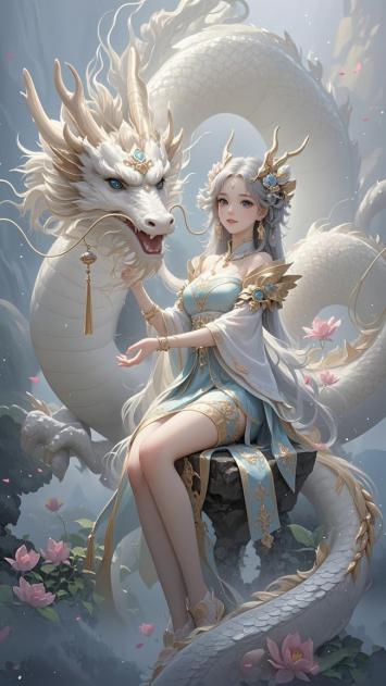 仙侠少女与白龙共舞云端仙境