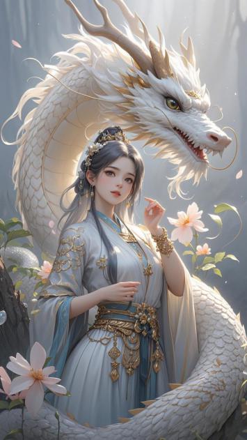 仙侠少女与白龙共舞的梦幻场景