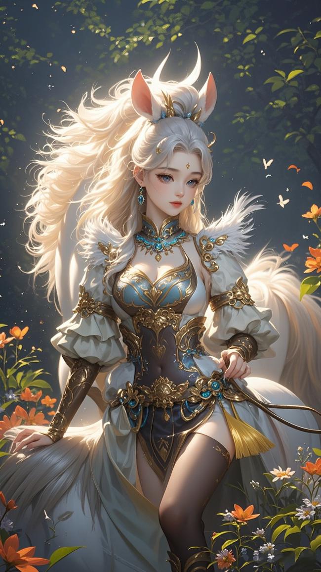 银发狐耳仙侠少女林间静立图