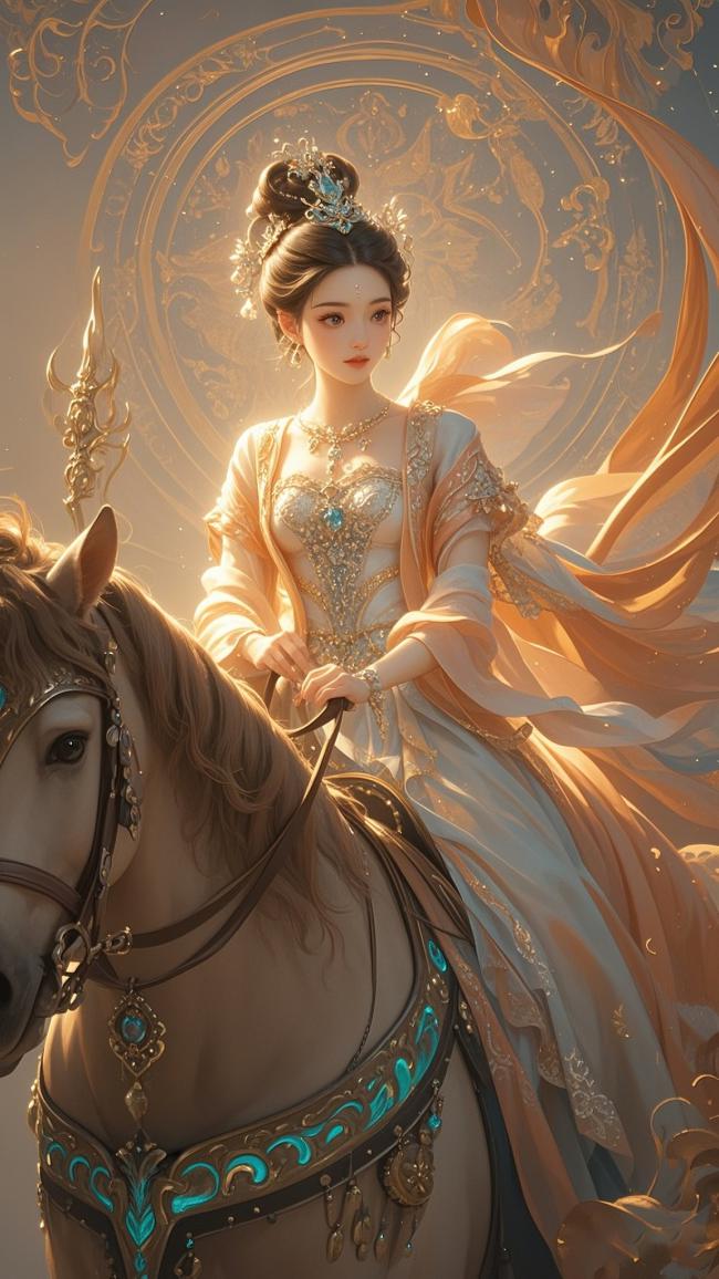 仙侠少女骑白马，金光环绕如神祇